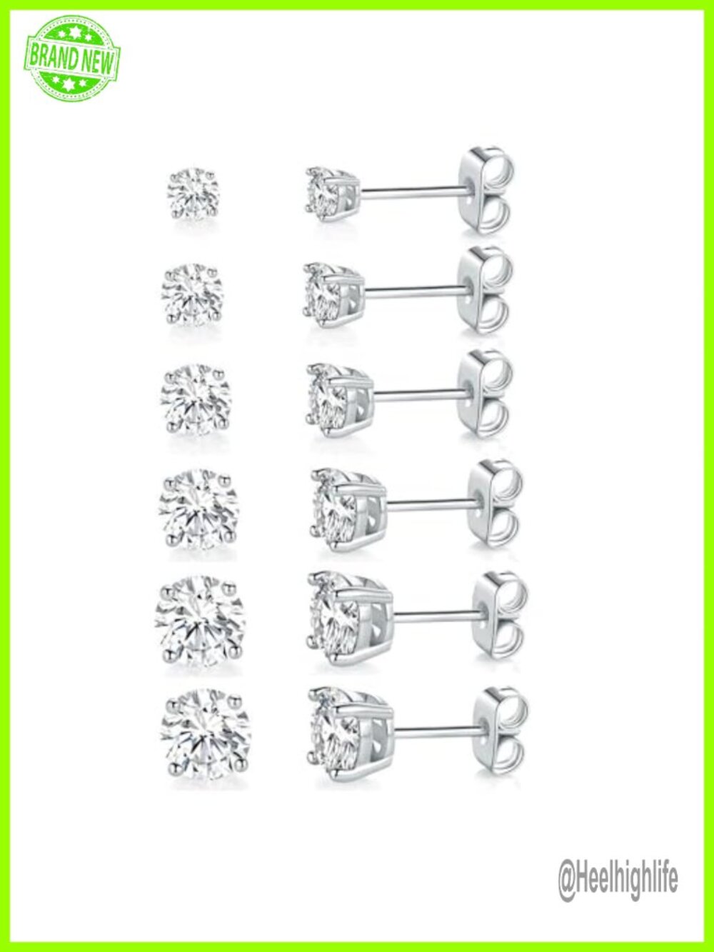 18K White Gold Plated Round Cubic Zirconia Stud Earrings 6 Pair Set